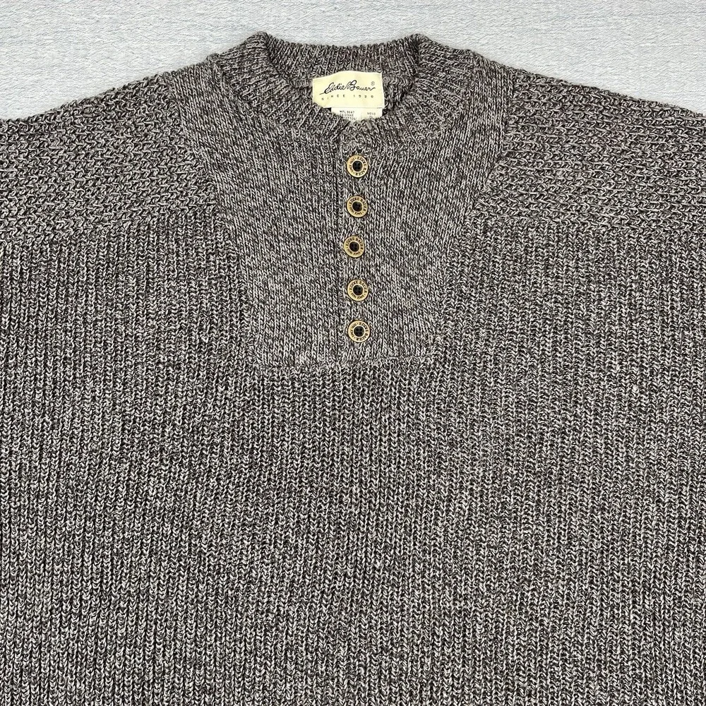 Eddie Bauer Sweater Men Large Gray Henley‎ Fisherman Heavy Rugged Made In USA